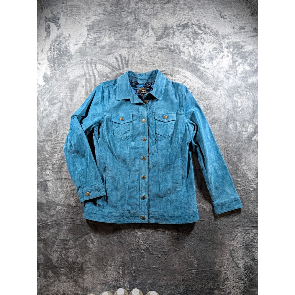 Dennis Basso Teal Blue Suede Leather Jacket Leopard Lining Womens Medium